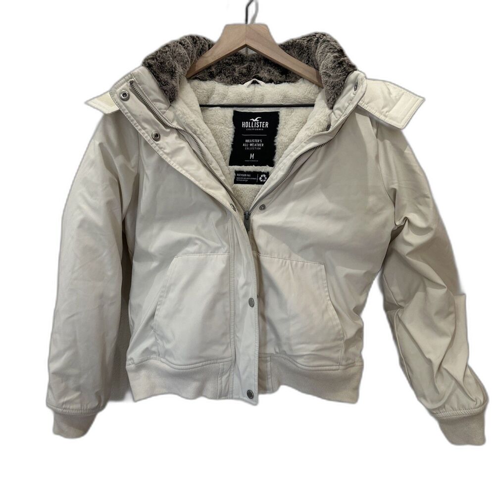 Hollister Women's All Weather Collection Fur Hooded Cream White Puffer Jacket M